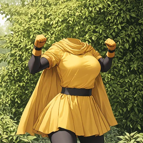 cape, dress, gloves, pantyhose, yellow dress, scarf, short sleeves, in garden, fighting pose, Kickboxing,  (invisible:1.5, no humans:1.5, headless:1.5, faceless:1.5), cute big huge breasts, detailed cloth texture, extremely details, close-up to breasts, (B...