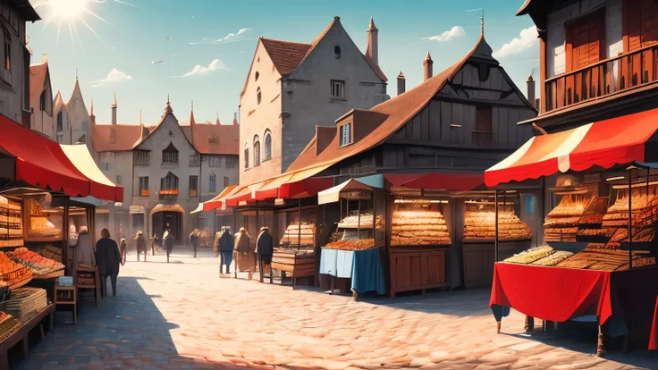 a bustling medieval fantasy town square, stone-paved plaza, colorful market stalls, townspeople walking, red-roofed buildings, bright sunlight, fantasy anime style, ultra detailed, scenic composition
