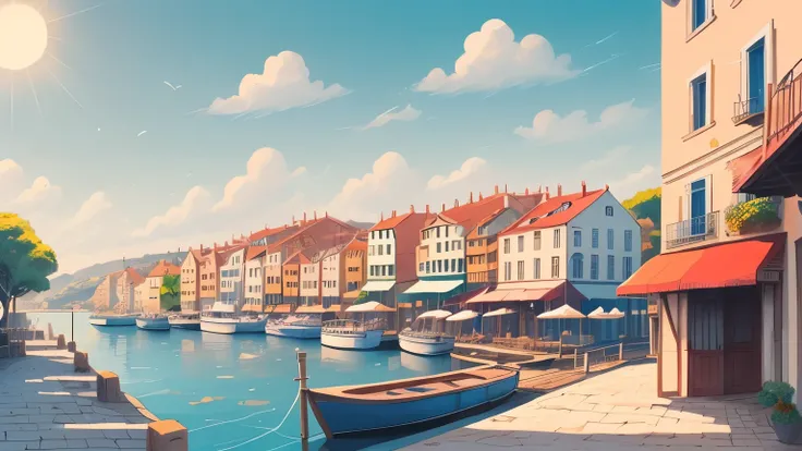 a peaceful fantasy harbor town, cobblestone streets, small boats docked, ocean sparkling under the sun, gentle sea breeze, European architecture, bright midday light, anime illustration style