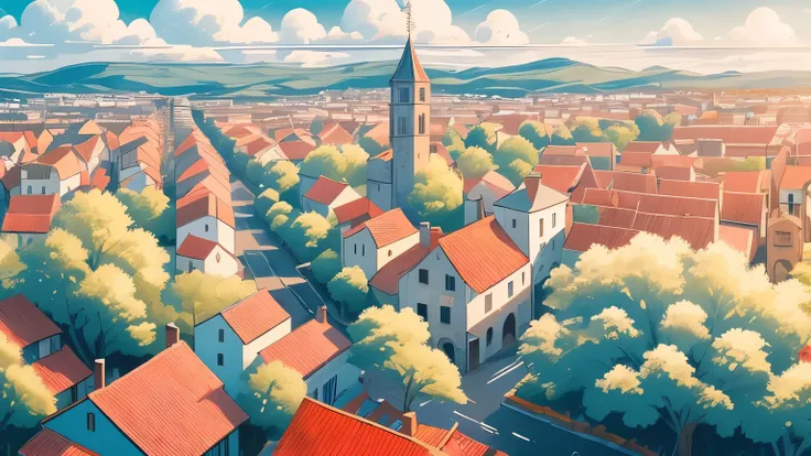 a high-angle view of a fantasy medieval town, winding streets, red-roof rooftops, trees and greenery scattered, sunlit buildings, blue sky with fluffy clouds, anime-style environment