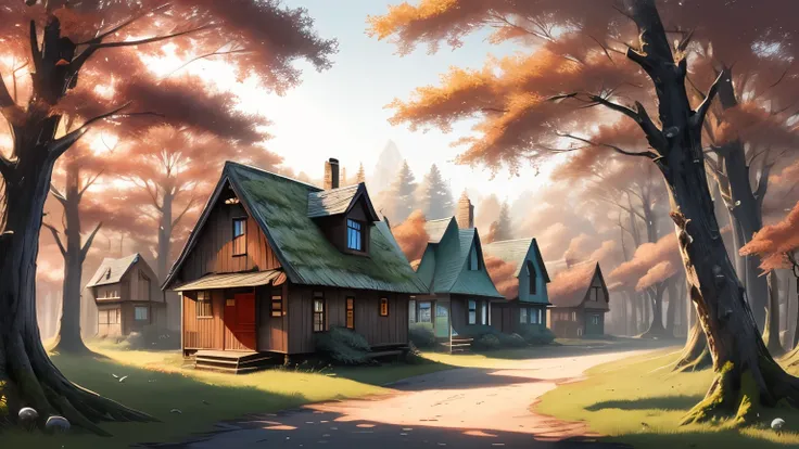 a hidden fantasy village in the forest, wooden houses with moss-covered roofs, nature blending with architecture, morning sunlight filtering through trees, birds flying, calm atmosphere, detailed anime background