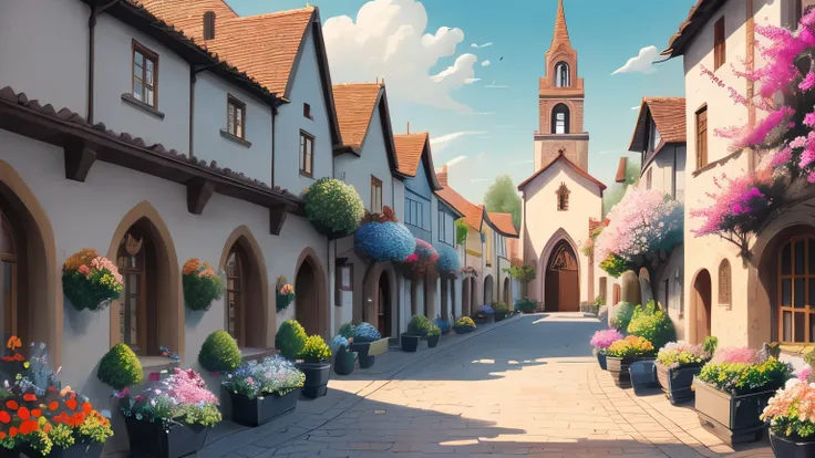 a peaceful fantasy town street with a large stone church, stained glass windows, quiet stone paths, flowers blooming in planters, soft daylight, fantasy anime art style, high quality