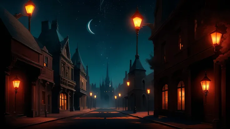 a mysterious fantasy street near a magic academy, gothic-style buildings, glowing runes and streetlamps, magical aura in the air, night sky with stars, cinematic lighting, anime fantasy scene