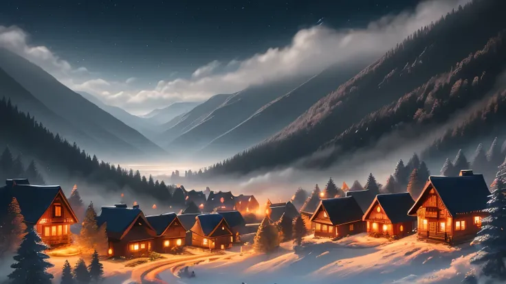 a fantasy mountain village at night, wooden houses scattered along slopes, warm lights from windows, forest in background, mist rising from valley, quiet and peaceful, anime fantasy art