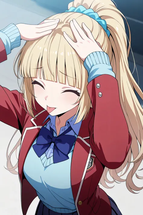 skirt, shirt, bow, school uniform, jacket, red jacket, pleated skirt, bowtie, sweater, blue bow, blue shirt,,kei karuizawa, long hair, bangs, blunt bangs, purple eyes, blonde hair, hair ornament, ponytail, scrunchie, blue scrunchie,,score_9,score_8_up,scor...