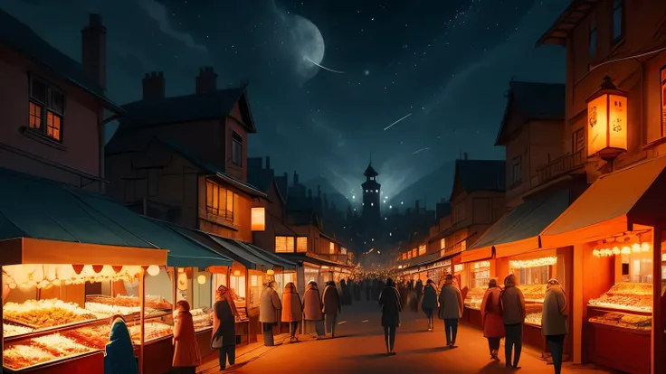 a fantasy town at night during a festival, colorful lanterns, food stalls, people in cloaks, soft glow from lights, slightly crowded but cozy street, anime-style rich fantasy illustration