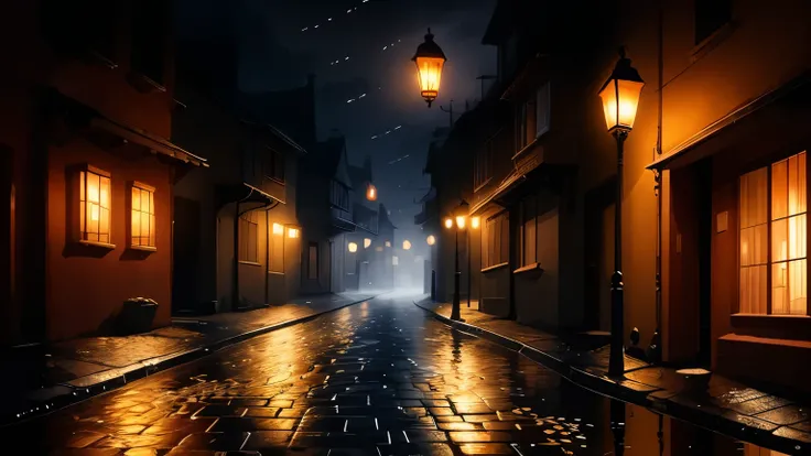a quiet fantasy town alley after rain, wet cobblestone reflecting warm lantern light, puddles, misty air, glimmering windows, serene night mood, high-detail anime background
