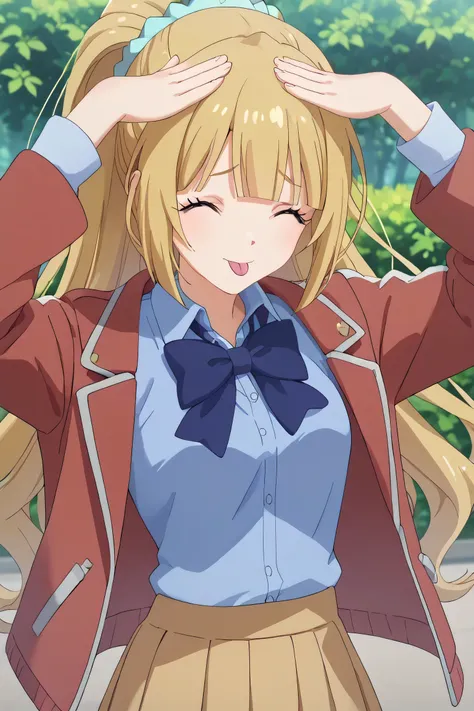 skirt, shirt, bow, school uniform, jacket, red jacket, pleated skirt, bowtie, sweater, blue bow, blue shirt,,kei karuizawa, long hair, bangs, blunt bangs, purple eyes, blonde hair, hair ornament, ponytail, scrunchie, blue scrunchie,,score_9,score_8_up,scor...