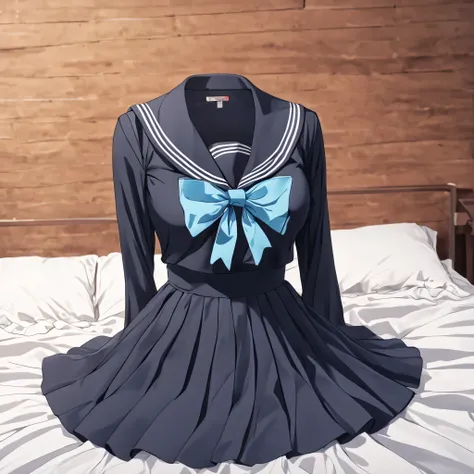 shirt, long sleeves, bow, school uniform, white shirt, serafuku, sailor collar, neckerchief, blue bow, black sailor collar, blue neckerchief, on bed, (invisible:1.5, no humans:1.5, headless:1.5, faceless:1.5), cute big huge breasts, detailed cloth texture,...