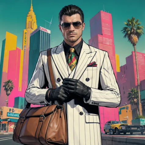 Hd quality, 8k, ultra realistic skin, big muscle, A modern mafia-style man in a white suit with black gloves and sunglasses, holding a large leather bag, standing in a colorful urban background in GTA art style. 