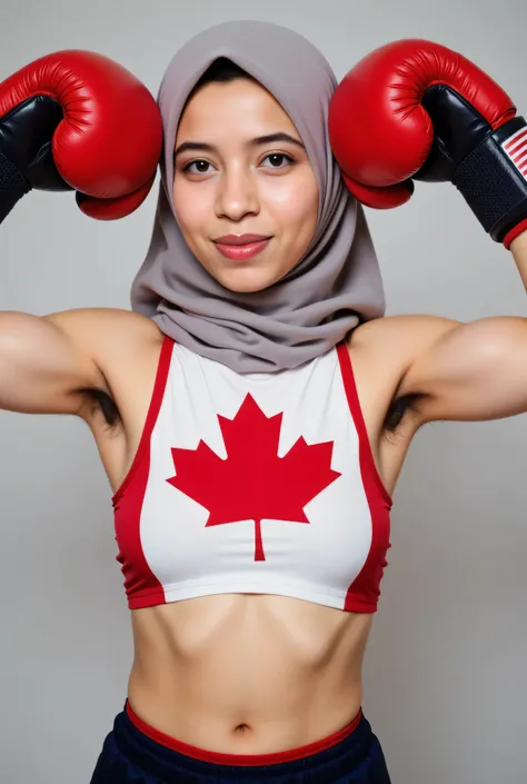 front view, Malaysian hijab-wearing mother. (Wearings Canada flag top strapless ). BOTH SIDES HANDS IN STRAIGHT UP LIFT WEARING BOXING GLOVE , hair Arm pit 