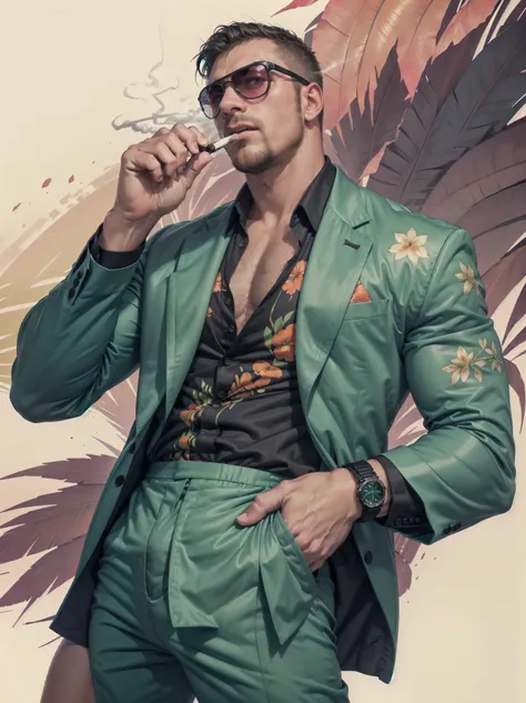 Hd quality, 8k, ultra realistic skin, big muscle, An 80s-style mafia man in a mint green suit, tropical patterned shirt, and large sunglasses, smoking with a vibrant pink-orange tropical background