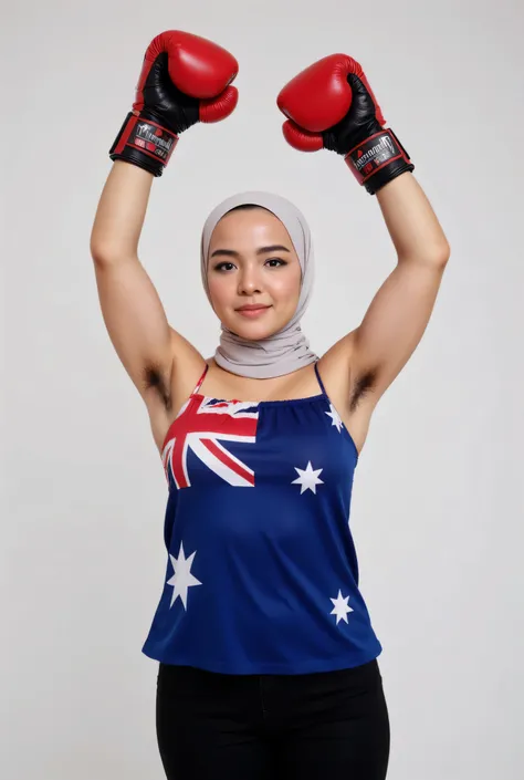 front view, Malaysian hijab-wearing mother. (Wearings Australia flag top strapless ). BOTH SIDES HANDS IN STRAIGHT UP LIFT WEARING BOXING GLOVE , hair Arm pit 