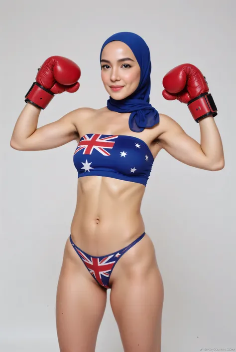 front view, Malaysian hijab-wearing mother. (Wearings Australia flag top strapless and G-string thong). BOTH SIDES HANDS IN STRAIGHT UP LIFT WEARING BOXING GLOVE , hair Arm pit 