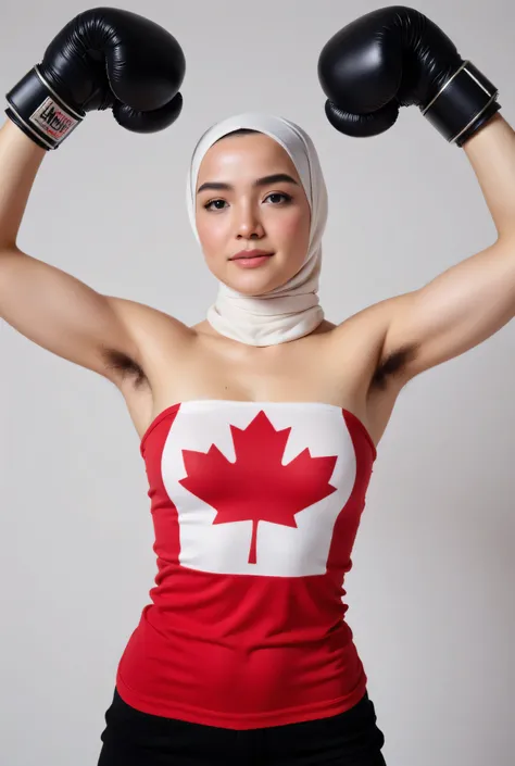 front view, Malaysian hijab-wearing mother. (Wearings Canada flag top strapless ). BOTH SIDES HANDS IN STRAIGHT UP LIFT WEARING BOXING GLOVE , hair Arm pit 