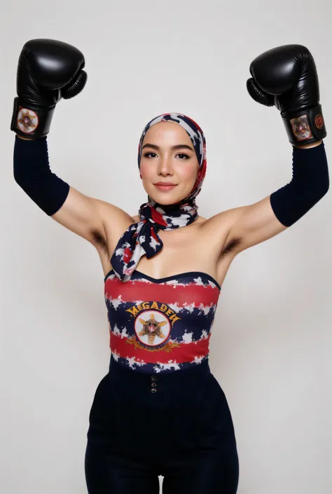 front view, Malaysian hijab-wearing mother. (Wearings Megadeth flag top strapless ). BOTH SIDES HANDS IN STRAIGHT UP LIFT WEARING BOXING GLOVE , hair Arm pit 