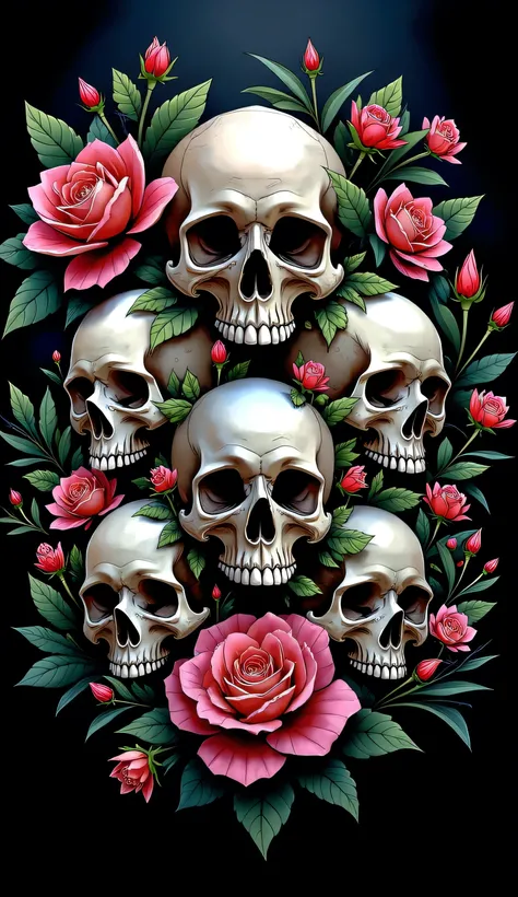 make a poster painting of Skulls & Flowers pattern with a black background.