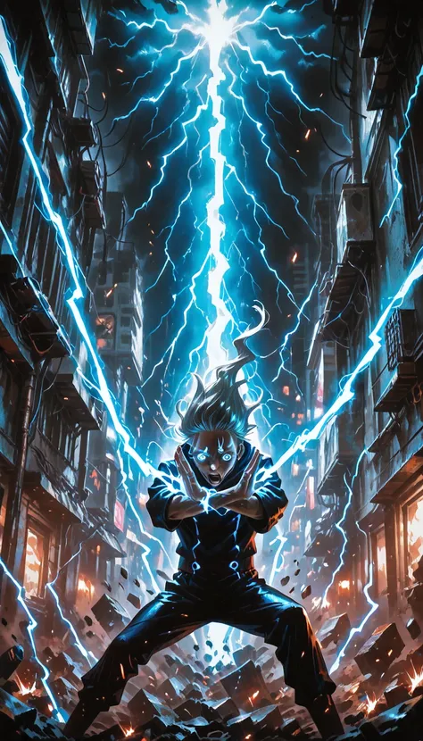 Satoru Gojo from Jujutsu Kaisen in ultra-detailed 8K resolution, standing in a destroyed city street at night, glowing blue Infinity barrier surrounding him, one eye exposed with his Six Eyes technique shimmering, silver hair flowing in the wind, intense e...