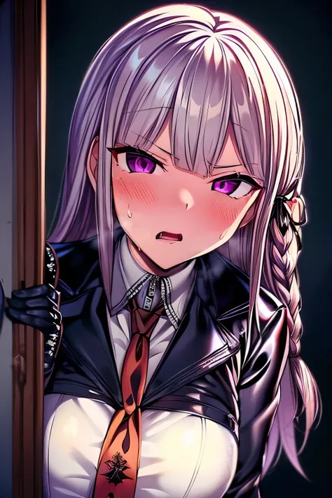 ((masterpiece))), ((best quality)), (ultra-detailed), ((an extremely delicate and beautiful)),(unity 8k wallpaper),Kyoko, purple eyes, purple hair, long hair, braid,black gloves, purple jacket, purple skirt, brown necktie, white shirt,open mouth