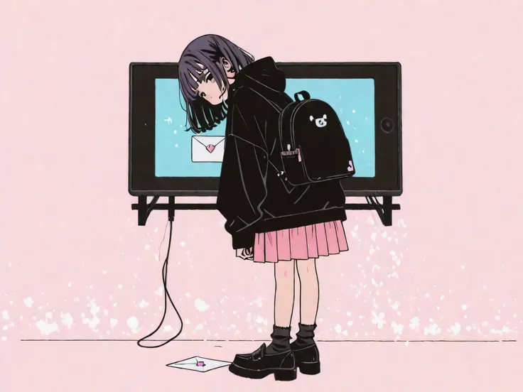 this letter is playful,dark hair,wearing a pink skirt and a layered dress with frills,wearing black loafers, carrying a small backpack ,Little girl has 、wearing a black and white hoodie,soft pastel abstract background,It enhances her vivid sense of taste,A...