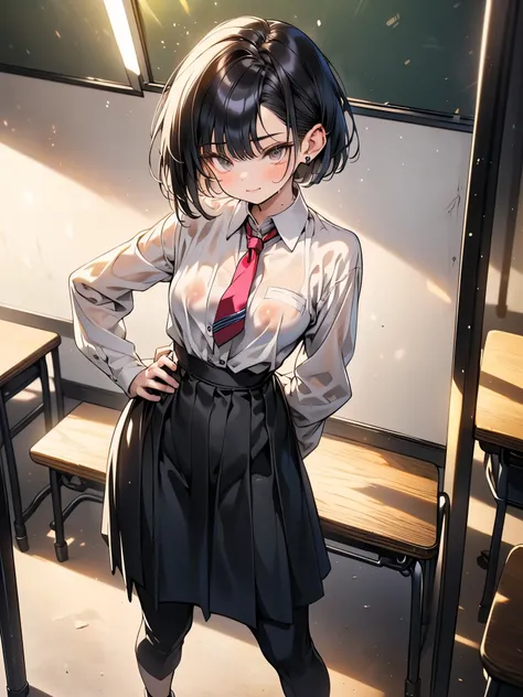 ((top quality))、(Solo), (Detailed fingers and feet)、(school girl), Boyish human high school girl、((A very short bob cut with shiny black hair that shows both ears))、Clear, dark-eyed eyes、 sweaty white skin in a bright room、(A cute, thin, small body with a ...