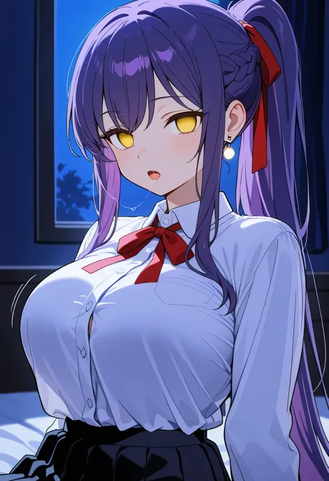 score_9, score_8_up, score_7_up, 1girl, sole female, only female, (top quality, 8k), high resolution, smooth, best quality, highly detailed, bedroom at night, in bed, purple light, (dark room), large breasts, at night, masterpiece, high quality, absurd res...