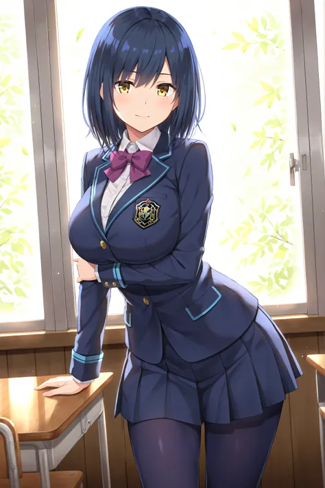 solo,masterpiece,best quality, amazing quality, highres, absurdres, very aesthetic, high resolution, ultra detailed, perfect details,nijirin,large breasts,yellow eyes,blue hair,black hair,moles,medium hair,nijirincos,white shirt,collared shirt,purple bowti...
