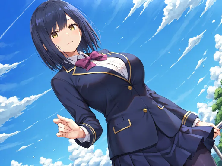 solo,masterpiece,best quality, amazing quality, highres, absurdres, very aesthetic, high resolution, ultra detailed, perfect details,nijirin,large breasts,yellow eyes,blue hair,black hair,moles,medium hair,nijirincos,white shirt,collared shirt,purple bowti...