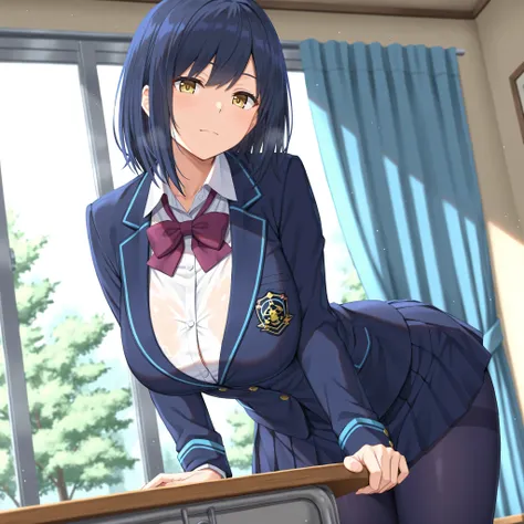solo,masterpiece,best quality, amazing quality, highres, absurdres, very aesthetic, high resolution, ultra detailed, perfect details,nijirin,large breasts,yellow eyes,blue hair,black hair,moles,medium hair,nijirincos,white shirt,collared shirt,purple bowti...