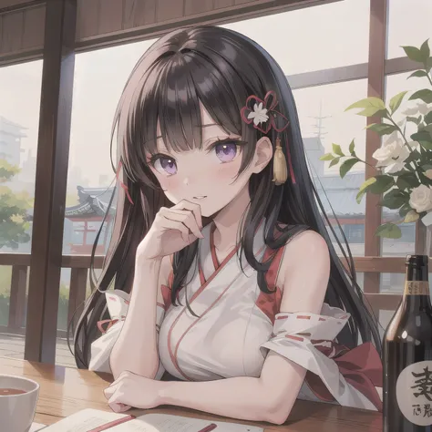 A 2D anime-style portrait of a beautiful girl with translucent skin and softly expressive eyes, gentle blush, subtly glowing gradient hair, delicate emotional line art with soft shadows, evoking a melancholic and enchanting mood. She is wearing a tradition...