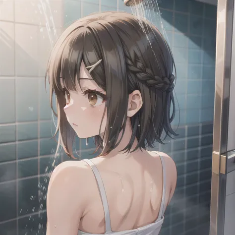 She is taking a shower in the shower room. She is facing away from me. She has small breasts. Dark hair, short hair, short braids, side locks, brown eyes.