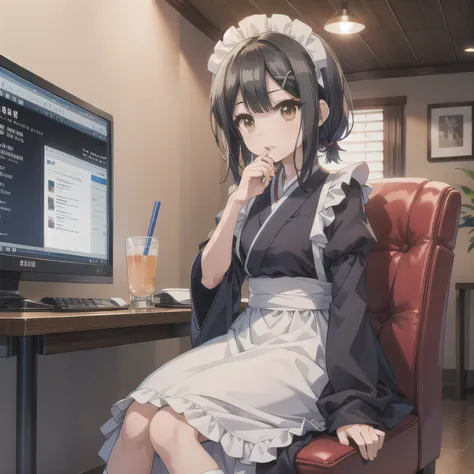 A beautiful anime girl wearing a neat dark blue and white maid outfit. She is sitting on a fully reclined seat in a typical Japanese manga café semi-private booth. Around her are a computer monitor, a stack of manga books, and a drink cup nearby. She holds...