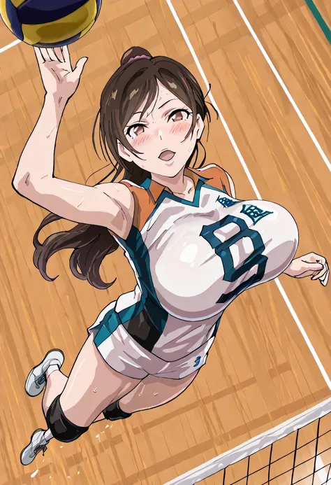 Art Style by Iwao178, censored, black bar censor,  looking at viewer, light smile,Mizuhara Chizuru, brown hair, light brown eyes, Sagging breasts, ponytail hair, wearing a volleyball uniform, white plain uniform, volleyball spike, ball, jumping, volleyball...