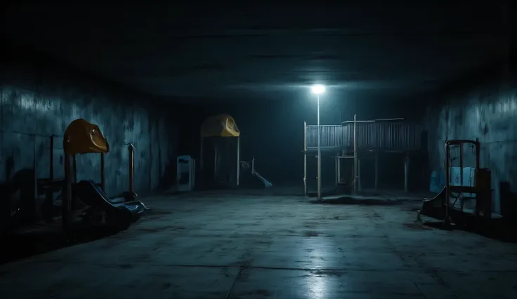 A dark empty playground in a dimly lit basement, ethereal, liminal, hyper realistic, high detail, masterpiece.