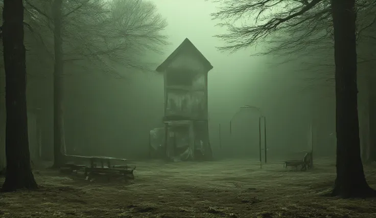 A dark empty playground in the woods, ethereal, liminal, hyper realistic, high detail, masterpiece.