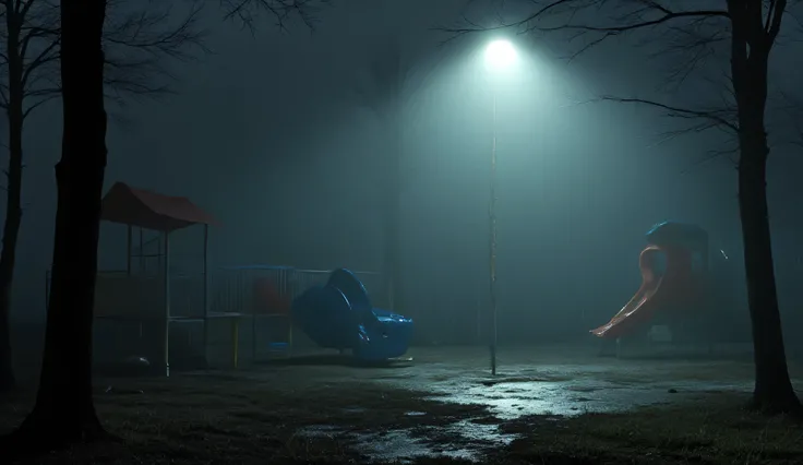 A dark empty playground, ethereal, liminal, hyper realistic, high detail, masterpiece.