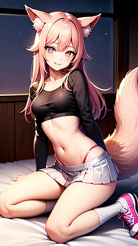 full body view of a cute but mature anime-style fox girl, standing confidently in a softly lit neon room at night. She looks directly into the camera with a playful, inviting gaze and a slight smirk, full of curiosity and charm.

She has a slim but curvy b...