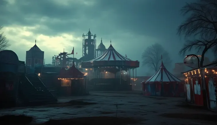 A dark empty circus, ethereal, liminal, hyper realistic, high detail, masterpiece.