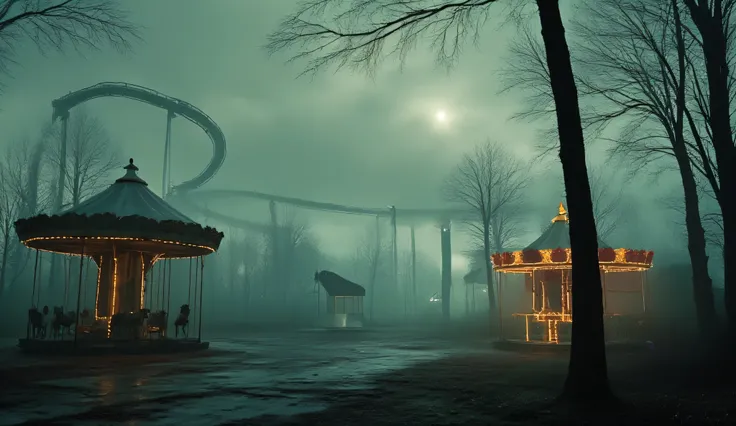 A dark empty Amusement park, ethereal, liminal, hyper realistic, high detail, masterpiece.