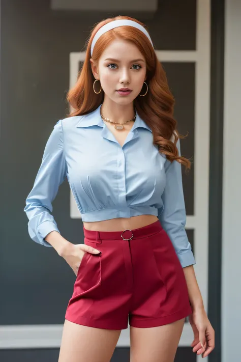 creates a beautiful woman, redhead,  masterpiece, high quality, high resolution, ultra realistic ,  realistic , 8K, (wide stance:1.4), (emphasis on her legs,   college student  , uniform, ((neckline)), ( cotton shorts ),  wavy hair , headband,  hoop earrin...