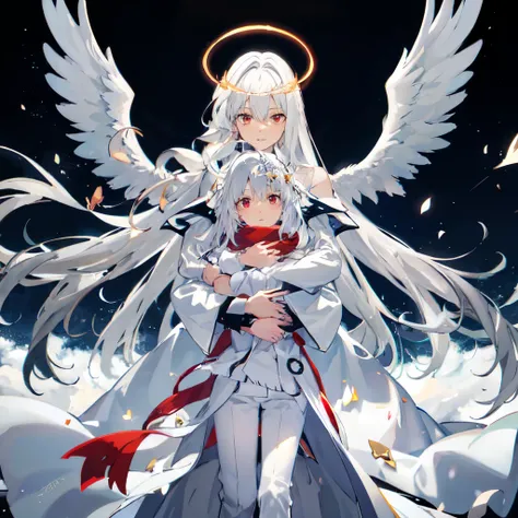 Angelic glowing snowy background,anime couple hugging and kissing , long red scarf , Waiting for the man in formal suit wearing a white and platinum lab coat over a formal suit,Red Eyes, cabello largo color platino anime angel con alas y un halo por enci...