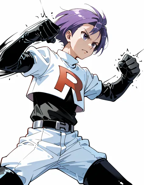 (dynamic angle,dynamic punch fighting pose),solo,1man,male face,black spiky short hair,team rocket uniform, white jacket, white pants, black thigh boots, black elbow gloves,soft lineart,white background,memorial shot,