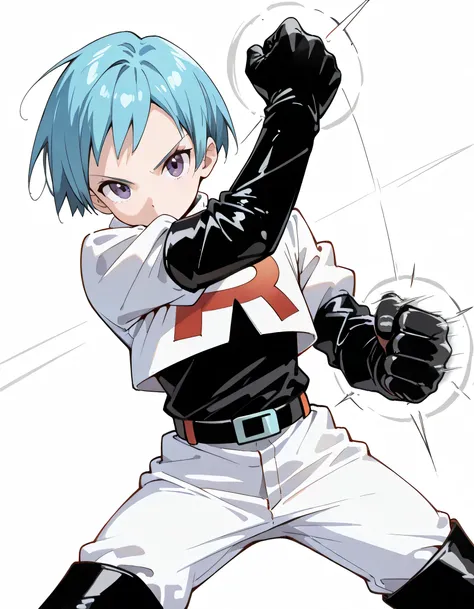 (dynamic angle,dynamic punch fighting pose),solo,1man,(upperbody),male face,(black spiky short hair),team rocket uniform, white jacket, white pants, black thigh boots, black elbow gloves,soft lineart,white background,memorial shot,(looking at viewer:1.3),
