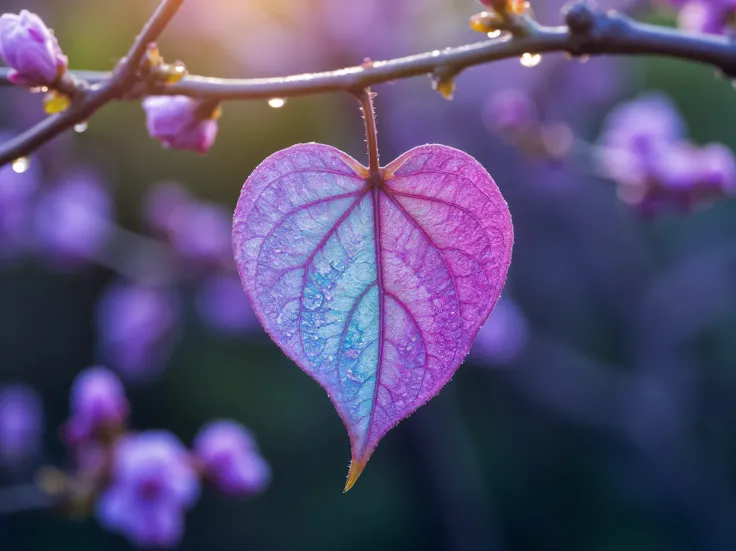A photograph showcasing a single, vibrant heart-shaped leaf suspended delicately from a slender branch. The leaf is a mesmerizing blend of purple, blue, and green hues, glistening with tiny water droplets that reflect the soft light. Purple flowers bloom s...