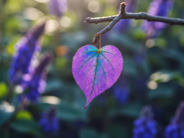 A photograph showcasing a single, vibrant heart-shaped leaf suspended delicately from a slender branch. The leaf is a mesmerizing blend of purple, blue, and green hues, glistening with tiny water droplets that reflect the soft light. Purple flowers bloom s...