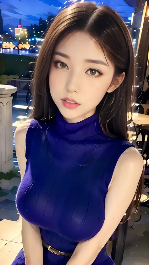 tall woman,(((masterpiece))), ((top quality)), (( Complicated Details)), very detailed , realistic , Big breasts:1.4, perfect hands, Finger Details,  beautiful 、 Detailed Eyes, Smooth straight long hair,  brown eyes ,( Violet Sleeveless Turtleneck Knit Dre...