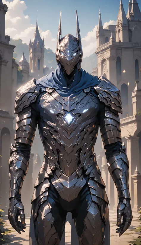 Iron man, silver and Blue, mark 1, knight armor, mechanical knight armor, medieval and futuristic blend