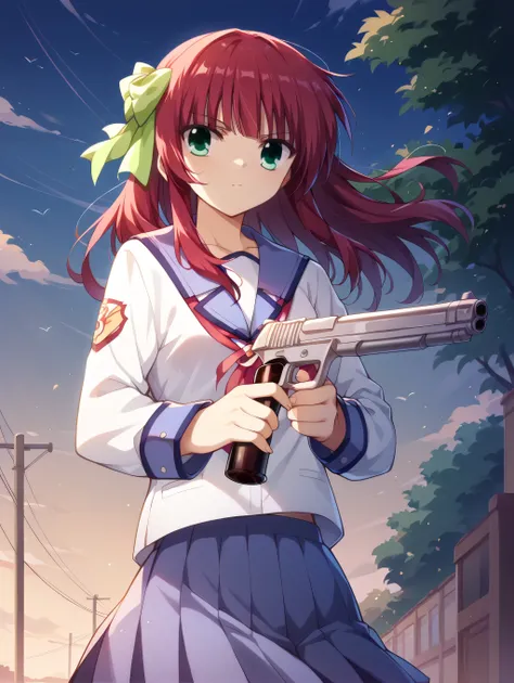 top quality、wine red hair long、Green Eyes、school uniform、Yuri Nakamura、(carrying two guns in both hands)++、solo、