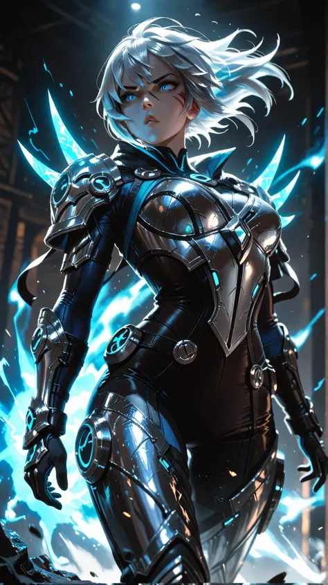 "A highly detailed 3D render of Gusion, the Mobile Legends assassin hero, in a dynamic and stylish pose. He is holding his signature daggers with precision, ready for battle. His outfit is sleek and futuristic with sharp edges and intricate armor details, ...