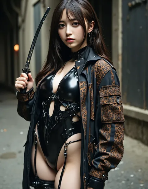 (((A black spacesuit-style super high-leg leotard that strongly cuts into the ground of the Earth where organisms have become extinct and decadent:2.0))),((Desolate ruins with volcanic ash:2.0)),(((HR gigger style cyberpunk atmosphere:2.0))),(((Holding a c...